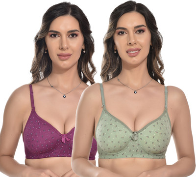 FIMS Women Cotton Blend Bra Floral Print Padded Pack of 2 Green Purple Women Everyday Lightly Padded Bra(Green, Purple)