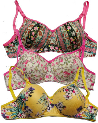 Emavic Women's Cotton Blend Lightly Padded Wirefree Printed Bra Combo Women Everyday Lightly Padded Bra(Multicolor)