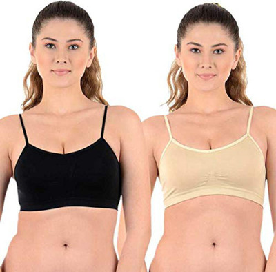 zoxen Women Sports Non Padded Bra(Black, Beige)