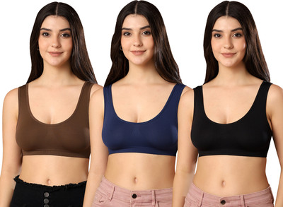Paavki Women's Stretchable Hosiery Non-Padded Wired Free Full Coverage Sports Air Bra Women Sports Non Padded Bra(Brown, Dark Blue, Black)