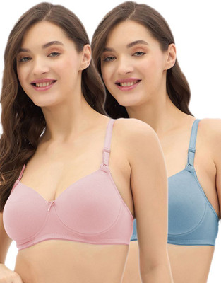 Women Vibes Women Cotton Blend Self-Design Bra ( Color : Blue::Pink ) ( Size : 32B ) Women T-Shirt Lightly Padded Bra(Blue, Pink)