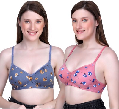 SEVEN SHOPPE Combo of 2 seamless floral printed lightly padded bra (blue) (pink) (size 34) Women T-Shirt Lightly Padded Bra(Blue, Pink)