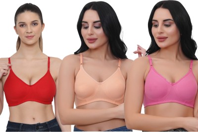 STOGBULL Poly Cotton Full Coverage T-Shirt Daily Wear Bra Combo pack of 3 for women Girls Women T-Shirt Non Padded Bra(Red, Beige, Pink)