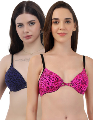 Selfcare Selfcare Women Leopard Print Soft Nylon Lycra Padded Underwire Plunge Bra-SN4230 Women Plunge Lightly Padded Bra(Pink, Blue)