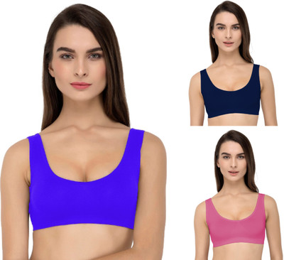 Guru Krupa Traders Women's Cotton Lycra Non Padded Pull On Spport Bra For Everyday Wear Women Sports Non Padded Bra(Blue, Dark Blue, Pink)