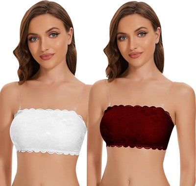 IndiRocks Women's Seamless Tube Bra - Lace - Stretchable - Transparent Straps Free Women Bandeau/Tube Lightly Padded Bra(Maroon, White)