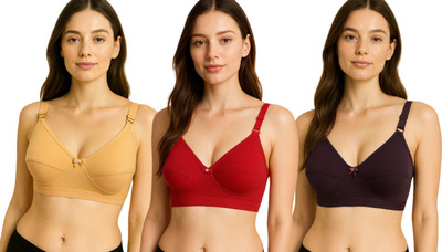 DesiGlow Women's Wirefree Non Padded Cotton Bra Women Everyday Non Padded Bra(Beige, Red, Purple)