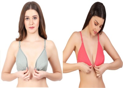 Desiprime Stylish B Cup Front Open Bra Set of 2 Women Plunge Non Padded Bra(Light Green, Orange)