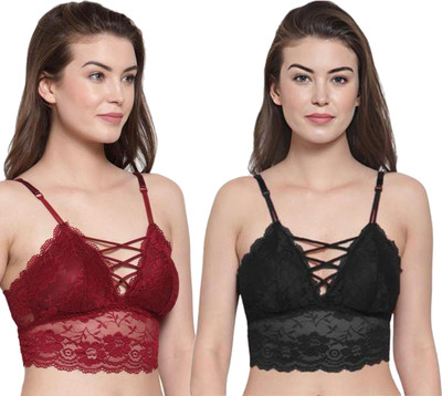 IndiRocks Women's Lace Solid Padded Full Cup Wire Free Bralette Bra Women Bralette Lightly Padded Bra(Black, Maroon)