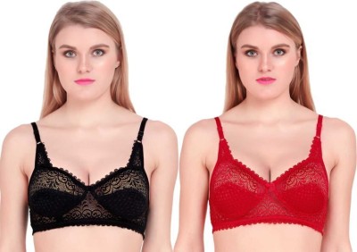 Look Creative DECENT NET BRA Women Bralette Non Padded Bra(Black, Red)