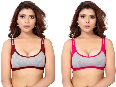 Ved Enterprise Women's Full Comfortable Cotton Blend Chami Bra In Maroon & Pink And 38A Size Women Sports Non Padded Bra(Maroon, Pink, Grey)