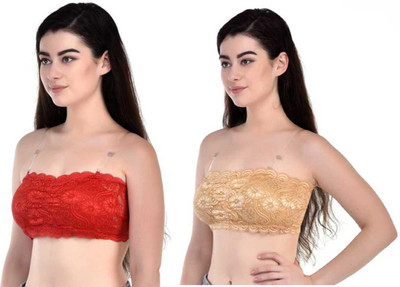 AARAA Beauty Lace Tube Bra Women Bralette Lightly Padded Bra(Red, Beige)