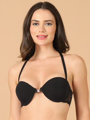Quttos Quttos monogram shine back T straps front open magnet plunge bra Women Plunge Lightly Padded Bra(Black)
