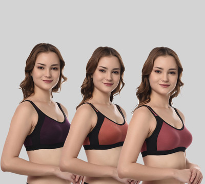 ASHMIRAS Pack of 3 Women Sports Non Padded Bra(Orange, Pink, Purple)