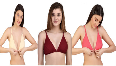 Desiprime Stylish B Cup Front Open Bra Set of 3 Women Plunge Non Padded Bra(Beige, Maroon, Orange)