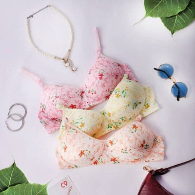 FANMADE ( PACK OF 3 ) Women T-Shirt Lightly Padded Bra(Yellow, Pink, Orange)