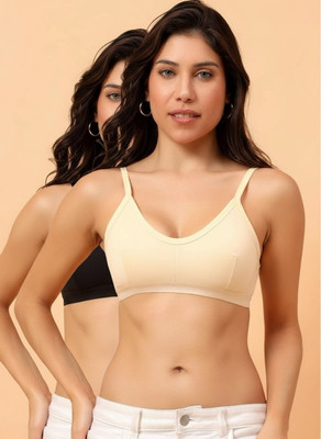 TrybeX Solid Full Coverage Non Padded Wireless Cotton Sports Bra for Gym Workout Combo Women Sports Non Padded Bra(Beige, Black)