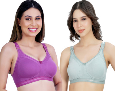 Ladyland Damani women Cotton 4 hook bra Women T-Shirt Non Padded Bra(Purple, Green)