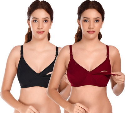 Auletics 34B maternity bra nursing bra Black & Maroon full coverage comfort fabric Women Maternity/Nursing Non Padded Bra(Black, Maroon)