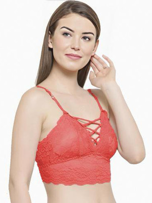 IndiRocks Women's Lace Solid Padded Full Cup Wire Free Bralette Bra Women Bralette Lightly Padded Bra(Orange)