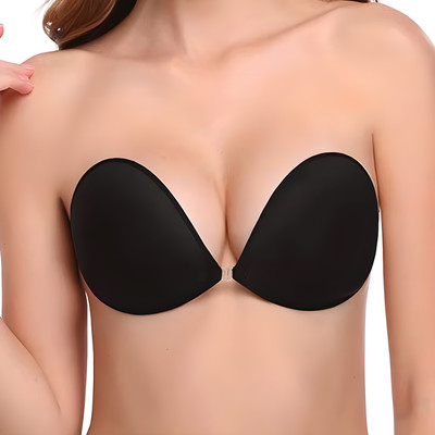 Roy Creation Women's and Girl's Adhesive Backless Push Up Strapless Invisible Stick On Bra Women Stick-on Heavily Padded Bra(Black)