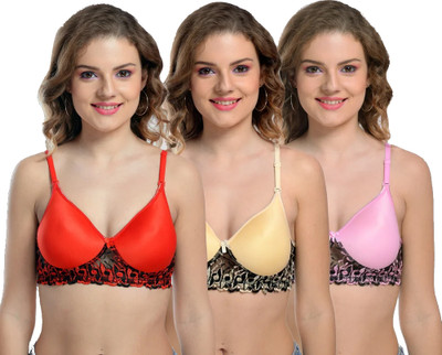 KEOTI New Cotton Blend Multicolor Full Coverage Regular Padded Lace Bra - Pack of 3 Women Everyday Lightly Padded Bra(Red, Beige, Pink)