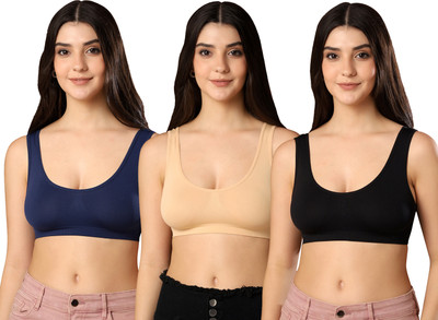 Paavki Women's Stretchable Hosiery Non-Padded Wired Free Full Coverage Sports Air Bra Women Sports Non Padded Bra(Dark Blue, Beige, Black)
