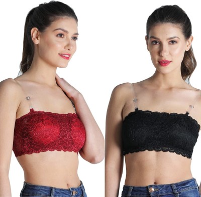 deevaz Padded Tube Bra in Poly-Lace Fabric with Removable Transparent Straps. Women Bralette Lightly Padded Bra(Maroon, Black)