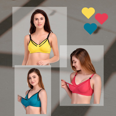 HoC Maternity Nursing Feeding Bra for Women Cup-C, PK-3 Women Maternity/Nursing Non Padded Bra(Multicolor)