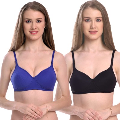 LuvRon Cotten Bra 2Pcs Set Women Push-up Lightly Padded Bra(Black, Blue)