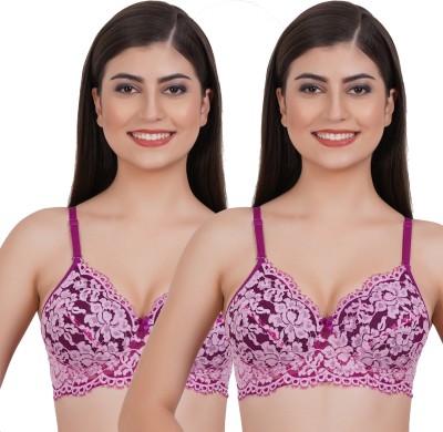 bodylonian Women's Powernet, Lace Lightly Padded Wire Free Everyday Bra Women Bralette Lightly Padded Bra(Purple)