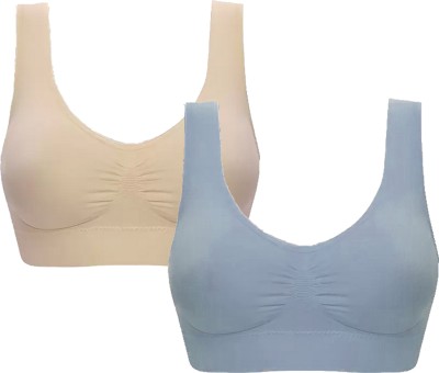 BRAASHEE PACK Of 2 Women's Girls cotton Blend coverage non padded sports bra Girls Sports Non Padded Bra(Blue, Grey)