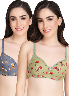 Liigne Printed Padded Bra (Pack Of 2) Women Full Coverage Lightly Padded Bra(Grey, Green)