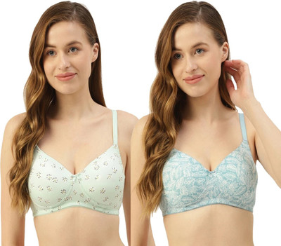 LEADING LADY Women's Printed Non-Padded and Non-Wired Full Coverage Bra Pack of 2 Women T-Shirt Lightly Padded Bra(Blue)