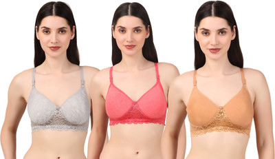 Esaki LaceSoft Comfort Luxe Full-Coverage Wire-Free Everyday Bra Women Everyday Lightly Padded Bra(Grey, Red, Beige)
