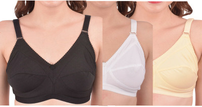 Ninteen-69 Women's Cotton Non-Padded Wire Free Full Coverage Regular Bra-Pack of 3 Women Full Coverage Non Padded Bra(Black, White, Beige)