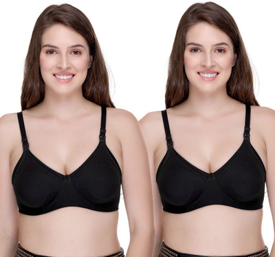 SONA Breast Feeding Maternity for Milk Feeding Elastic Straps for Nursing Women Maternity/Nursing Non Padded Bra(Black, Black)