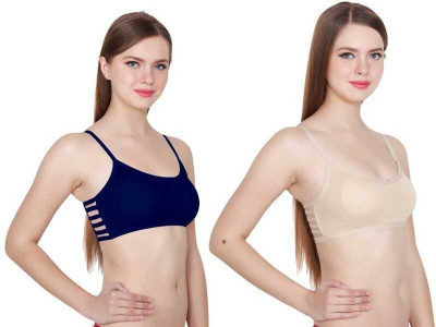 BRATON Women Bralette Lightly Padded Bra(Blue, Beige)