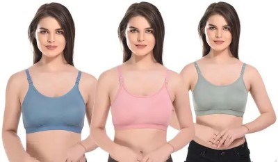 Hamza Exports Pack of 3 Women Full Coverage Non Padded Bra Women Everyday Non Padded Bra(Blue, Green, Pink)