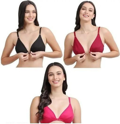 Giftsland Front Open Non Padded Bra Combo Pack of 3 Black Maroon Pink Cotton Trendy Bra Women Everyday Non Padded Bra(Black, Maroon, Pink)