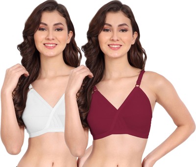FIMS Women Cotton Blend Solid Non-Padded White Maroon Women Everyday Non Padded Bra(White, Maroon)