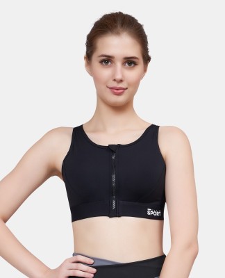 PLUMBURY Padded front zip sports Bra Women Full Coverage Lightly Padded Bra(Black)