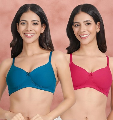 Susie Susie Solid Cotton Padded Everyday Bra Women T-Shirt Lightly Padded Bra(Blue, Pink)