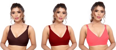 KUHAJI Women's Cotton Blend Full Comfortable Non-Padded Chami Bra For Everyday Wear Women Everyday Non Padded Bra(Brown, Maroon, Pink)