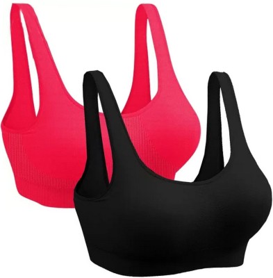 texello Pack of 2 Girls Stretchable Cotton sports non padded seamless sports gym bra Women Sports Non Padded Bra(Pink, Black)