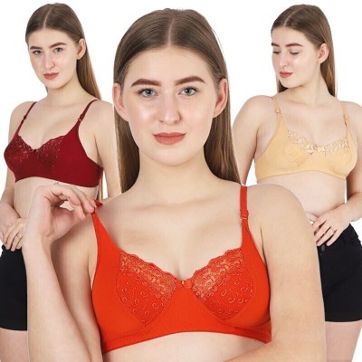 LEVARA New Women Full Coverage T Shirt Bra Multicolor Laher Series Non Padded Women Everyday Non Padded Bra(Maroon, Red, Gold)