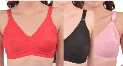 Ninteen-69 Women's Cotton Non-Padded Wire Free Full Coverage Regular Bra-Pack of 3 Women Full Coverage Non Padded Bra(Red, Black, Pink)