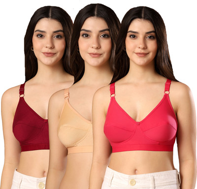 Paavki Pack of 3 PC Cotton Elastane Stretch Wire Free Non Padded Full Coverage Bra Women Everyday Non Padded Bra(Maroon, Beige, Red)