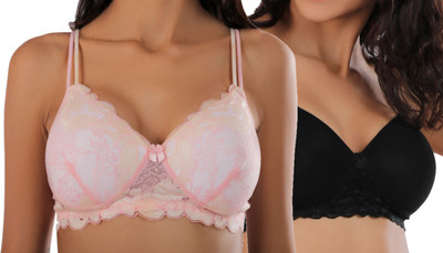 ELGANTE ELGANTE Full Coverage Laced Mesh Pink & Black Bra Combo of 2 Women Full Coverage Lightly Padded Bra(Pink, Black)
