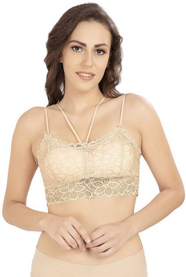 SWIFFIN Elegant Black Floral Lace Bralette with Stylish Double Straps for Women Women Bralette Lightly Padded Bra(Beige)